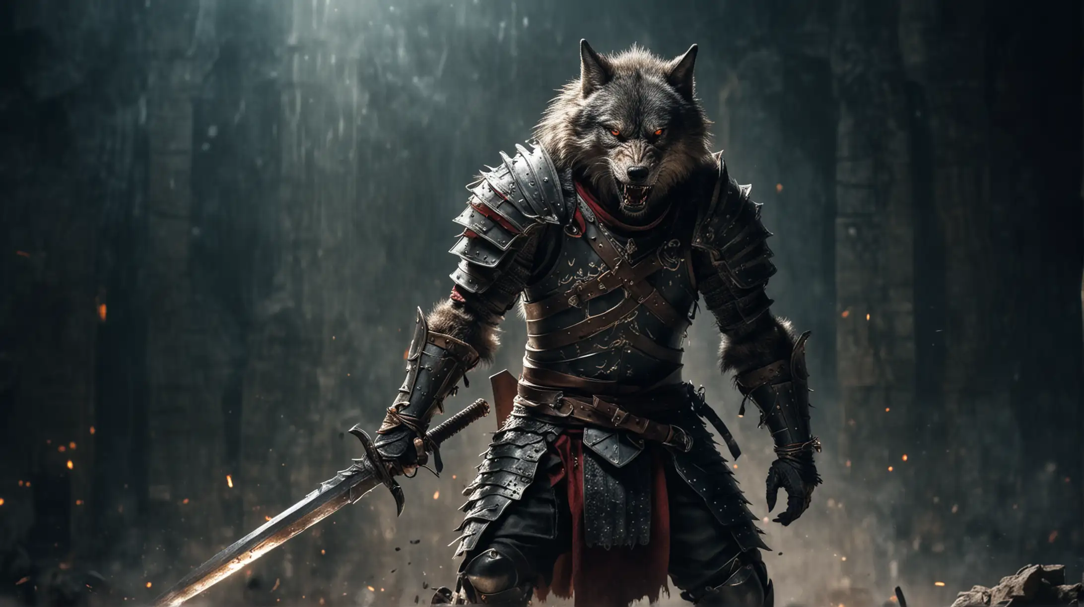 Fierce WolfWarrior in Medieval Armor Battling Amidst Illuminating Light