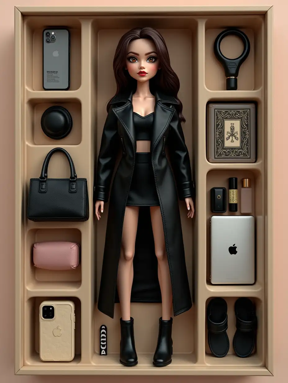 Create a collectible action figure of a person - like an expensive toy in a packagenStyle: as realistic as possible, both for advertising or stories (ratio 9:16)nnThis is a Bratz-style 3D doll made of soft touch plastic.nThe character is full-length, repeats the appearance with a photonOutfit - black leather sheepskin coat, long black ankle-length skirt, black handbag, black top, black Chelsea bootsnCopy every detail: hairstyle, lips, eyes, facial features and proportions, piercingnThe doll lies in a plastic recess that repeats its silhouette.nnPackaging:nThe style of the box is stylish, beige, black shadesnBox: transparent plastic on the front, beige cardboardnThe name of the character Risha should be written at the top of the box - the letters are printed and engraved on the boxnnAccessories inside the box:nLaid out next to the doll in their places in separate cells: iPhone 15 pro max white without a case, gray MacBook, disposable electronic cigarette pink, perfume in a small volume in a black bottle with a gold lid, a deck of tarot cards, black thongsnAccessories - the most photorealistic and detailed mini versions.nnKey: style, visual and detail - like a premium collectible toy