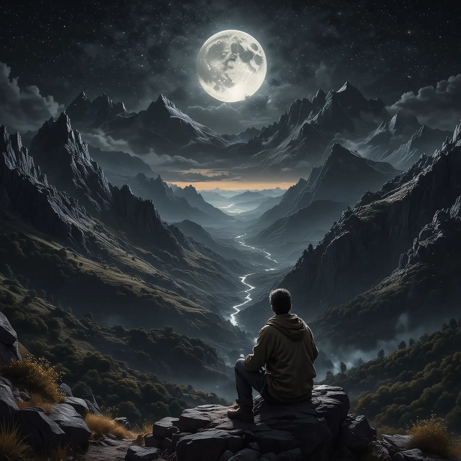 Generate an image of a peaceful night scene with a man sitting on a rugged mountain peak. He is gazing up at the night sky, which is illuminated by a bright, full moon. The sky is filled with countless twinkling stars, enhancing the tranquil and contemplative atmosphere. The man, dressed in casual outdoor attire, appears calm and introspective. The surrounding mountains are dark yet detailed, with the moonlight casting a gentle glow over the landscape. The overall mood of the image should convey a sense of quiet solitude and wonder.