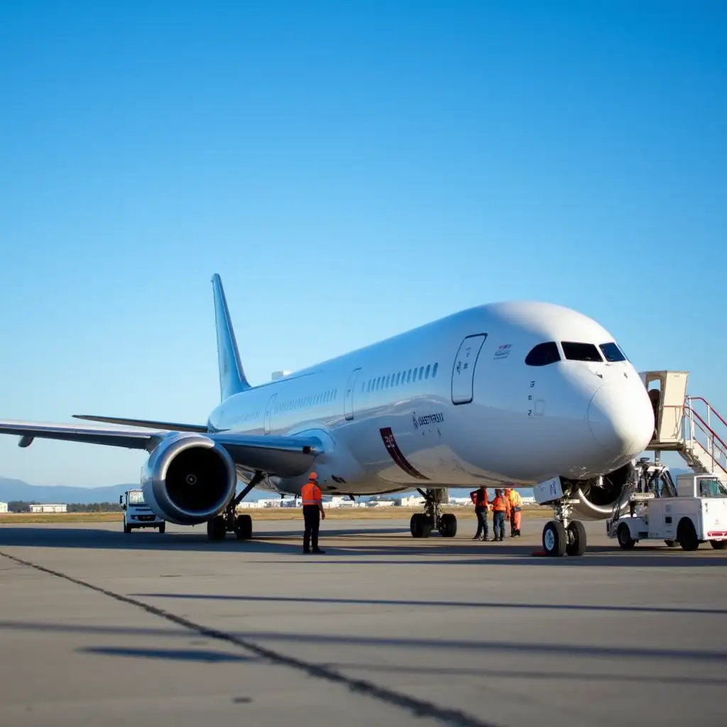 A Boeing 787-10, measuring 220 feet in length, is parked on an airport apron in Seattle. The aircraft is in standard Boeing delivery paint, showcasing an all-white exterior that reflects the midday sun.- Setting: The scene is set on an airport apron under a clear blue sky, emphasizing the bright and inviting atmosphere of the day.- Perspective: The photo is taken from a low angle close to the ground, capturing the entire aircraft from the side. This perspective highlights the sleek design and impressive size of the Boeing 787-10.- Context and Action: Near the plane, airport operators are present, wearing bright orange vests with reflective strips. They are engaged in various checks and inspections, ensuring that the aircraft is ready for its next flight.