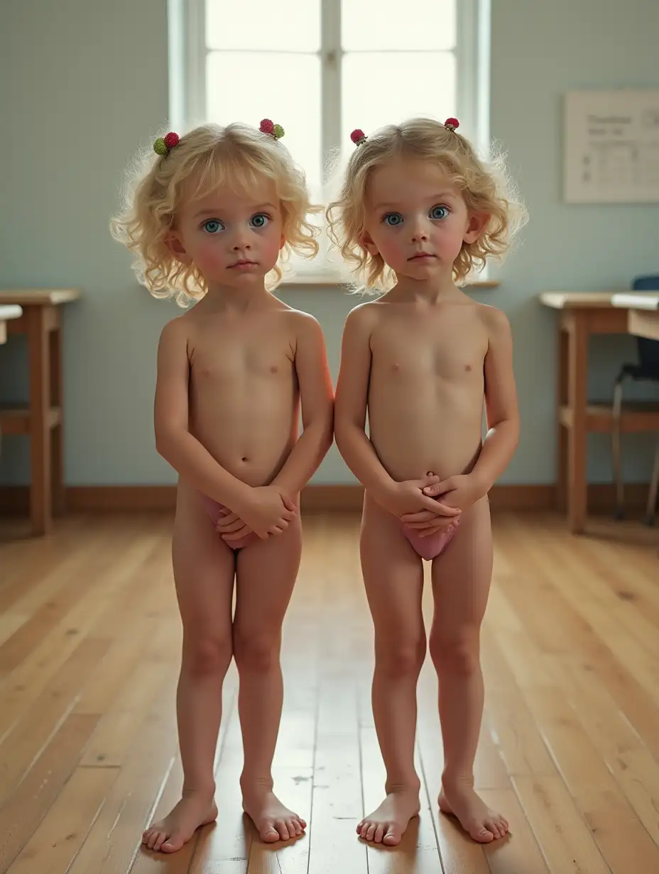 Two-Skinny-Little-Girls-with-Blue-Eyes-and-Curly-Blonde-Hair-in-a-Bright-Classroom