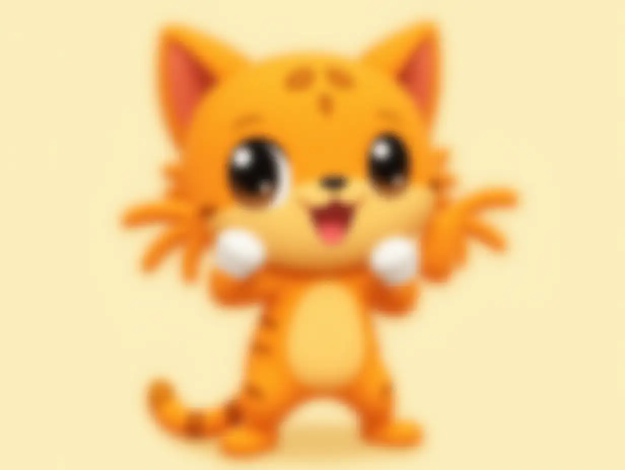 A cartoon-style orange cat mascot with large black pupils, wearing white gloves, in a warm, soft color palette reminiscent of 90s cartoons. The cat should have a playful and friendly expression, with a simple yet charming design that evokes a sense of nostalgia