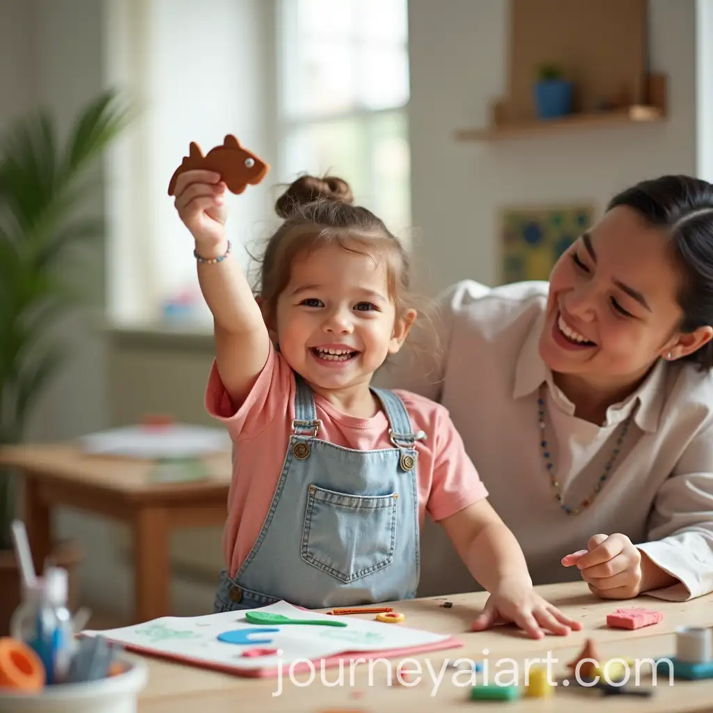 Child-Holding-Handmade-Clay-Fish-in-Cozy-Art-Studio-with-Supportive-Instructor