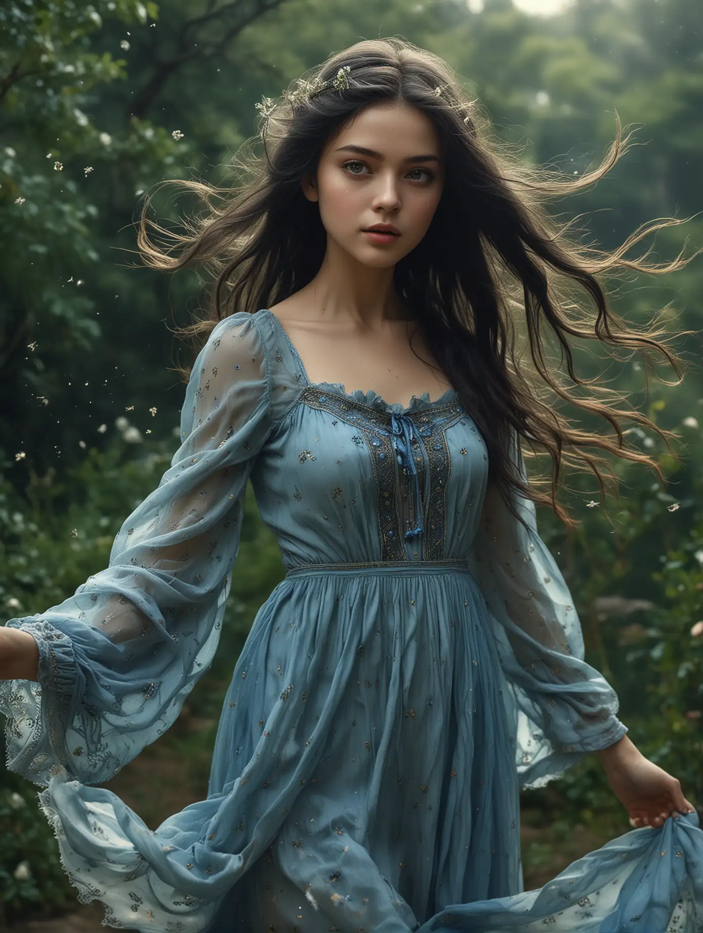 Photography, three-dimensional ancient wind, village landscape photography, dreamy, starry-eyed blue rose spirit woman, black and blue long hair fluttering in the wind, delicate features, beautiful makeup, light green eyes, very simple, charming figure, wearing silk mini dress, simple hair accessories, background is ink color, Rembrandt lighting, super high definition, detailed