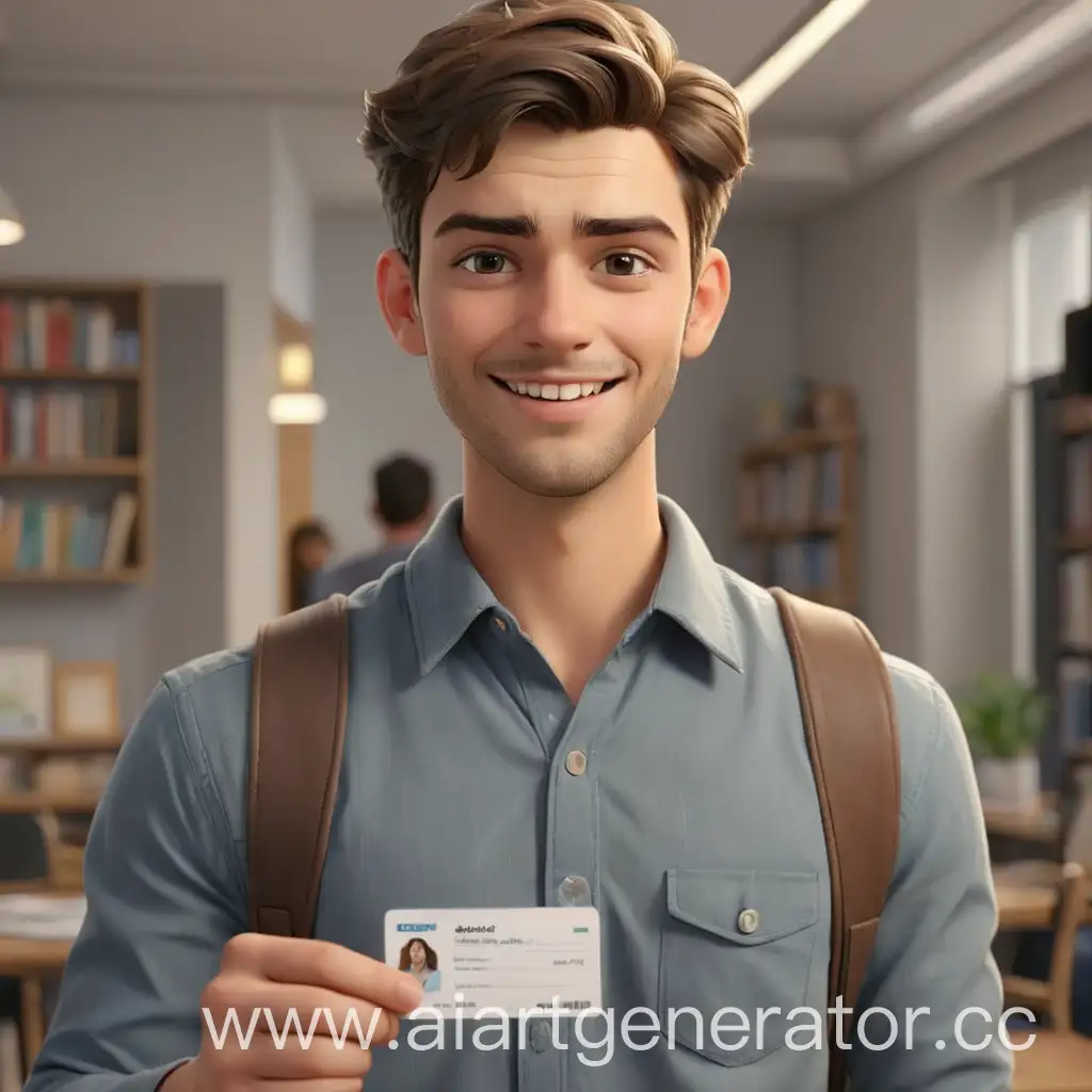 beautiful satisfied man 25 years old student shows the seller his student ID 3d animation