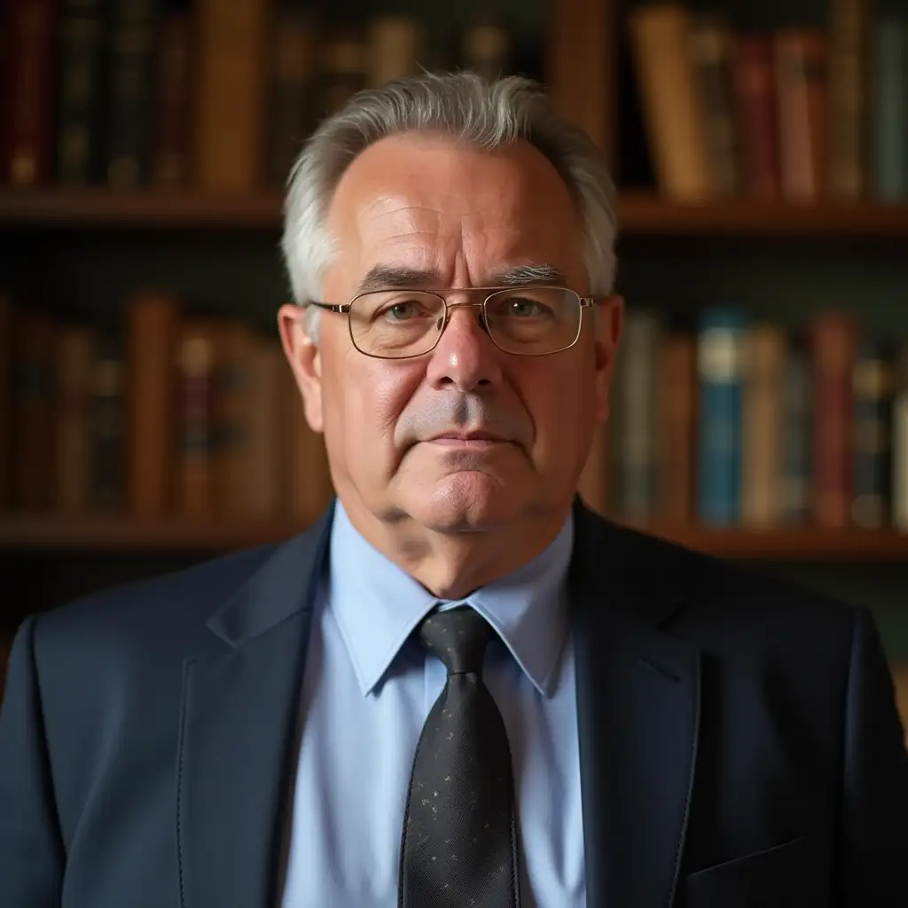 University administrative service director with tuscan gardens or library academic background. centered in frame. Close-up view showing head and upper torso. Realistic photographic style. Natural professional front light like a professional photo in a studio. Italian middle aged adult with strong Italian features, chubby and very serious.