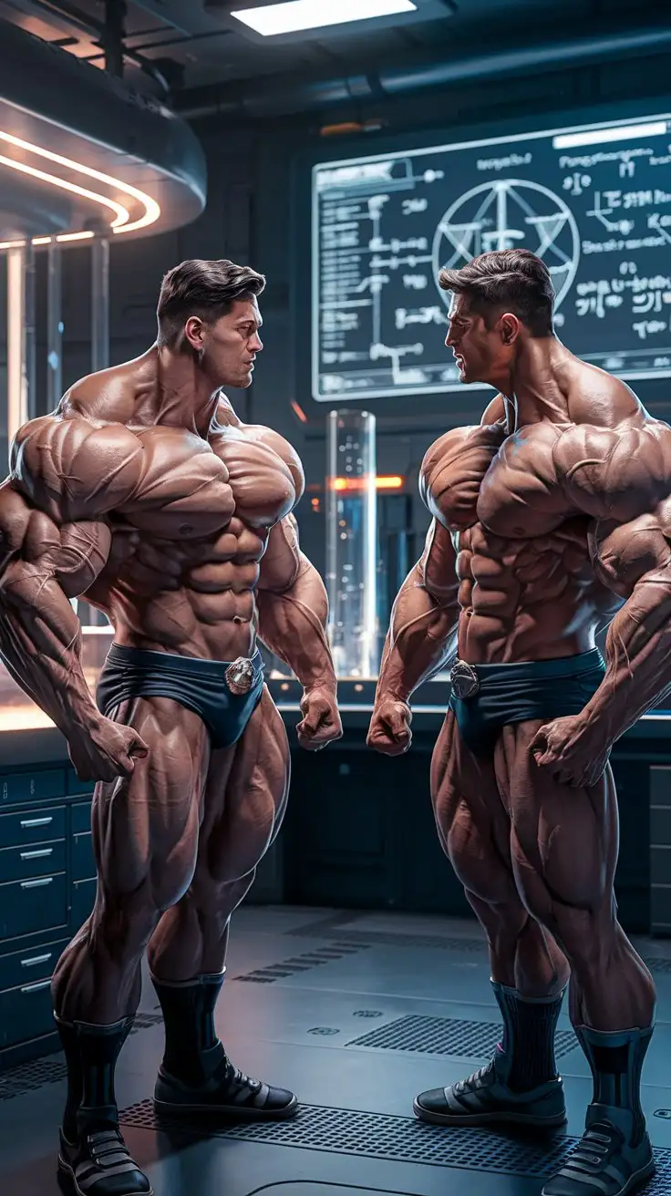 Two powerfully muscled, hugely ripped, pumped musclegod superheroes talk reverently with each other in a futuristic physics lab. 23 years old. Photorealistic.
