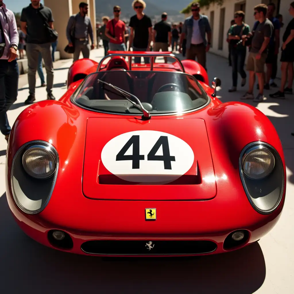 A bright red Ferrari with  the  number 44 on the bonnet