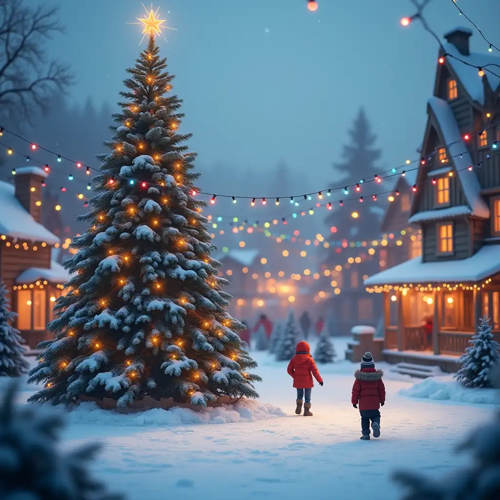 Ice rink with a large Christmas tree and children on the ice in a fairy tale village with multicolored garlands, blurred background