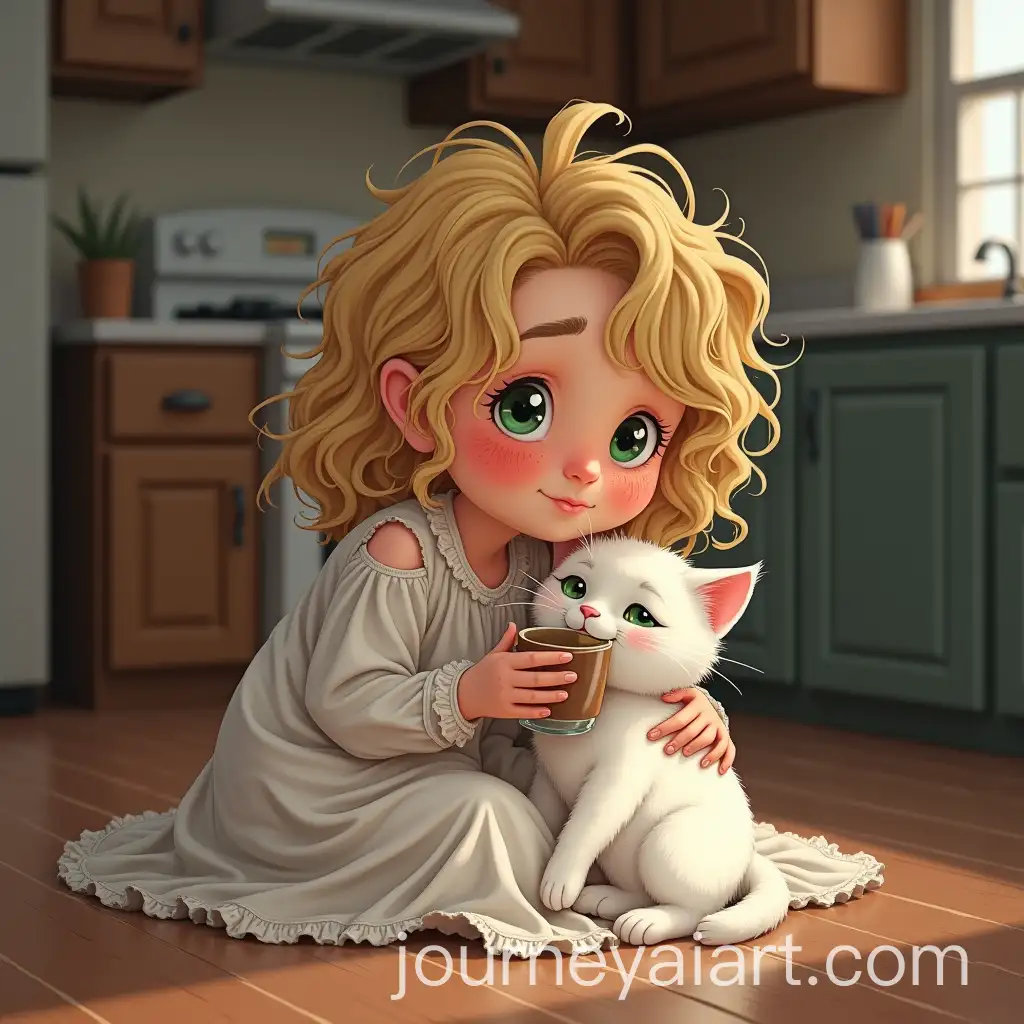 Blonde-Girl-Smiling-with-Coffee-Cup-in-Kitchen-at-Night