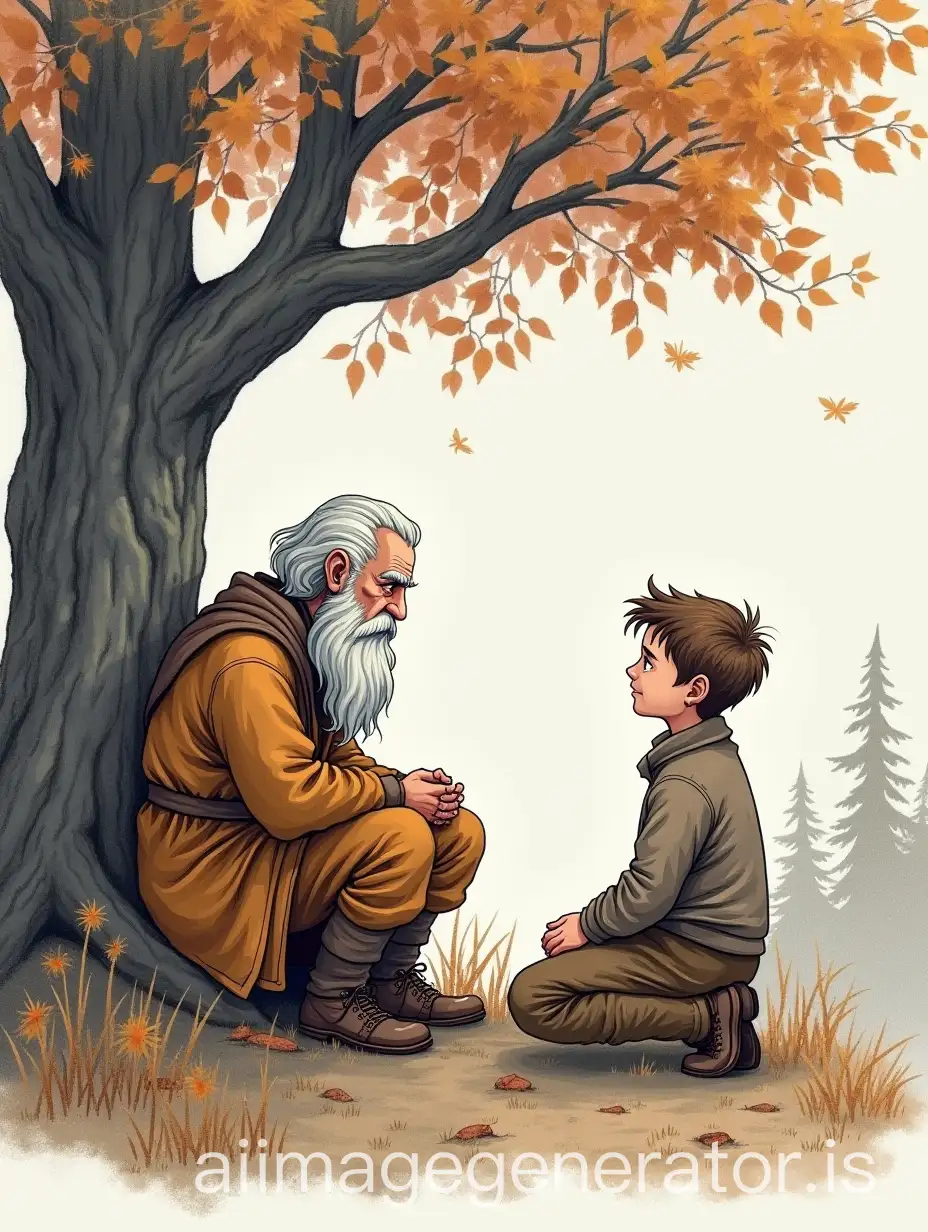 Old-Sage-and-Young-Boy-Talking-Under-Tree-in-Wooded-Landscape