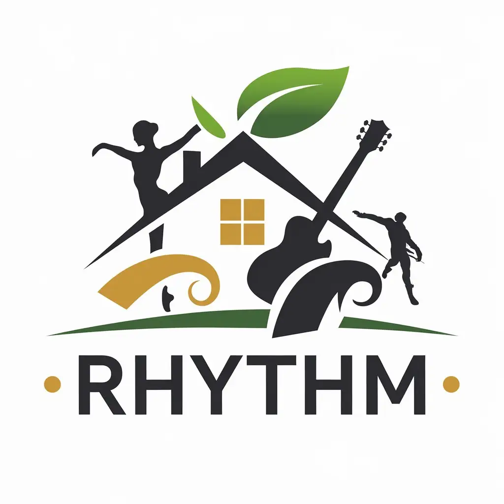 a vector logo design,with the text "Rhythm", main symbol:House ecology dance guitar fencing,Moderate,clear background