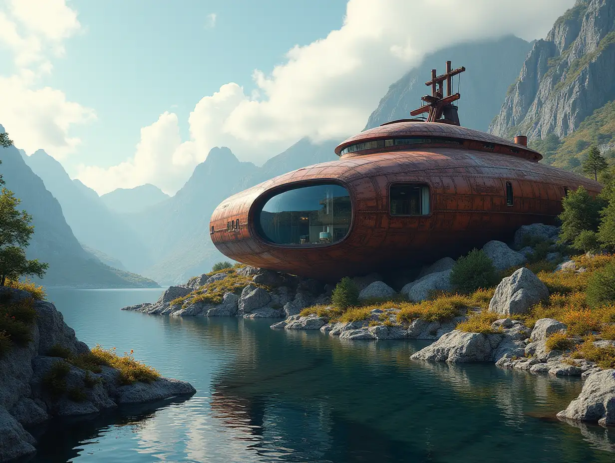 Create a high-resolution realistic image in 4k resolution a futuristic rusty building with black patterned walls and curved pillars, mountains large trees, rocks flowers a futuristic very large yacht with glass windows cloudy sky