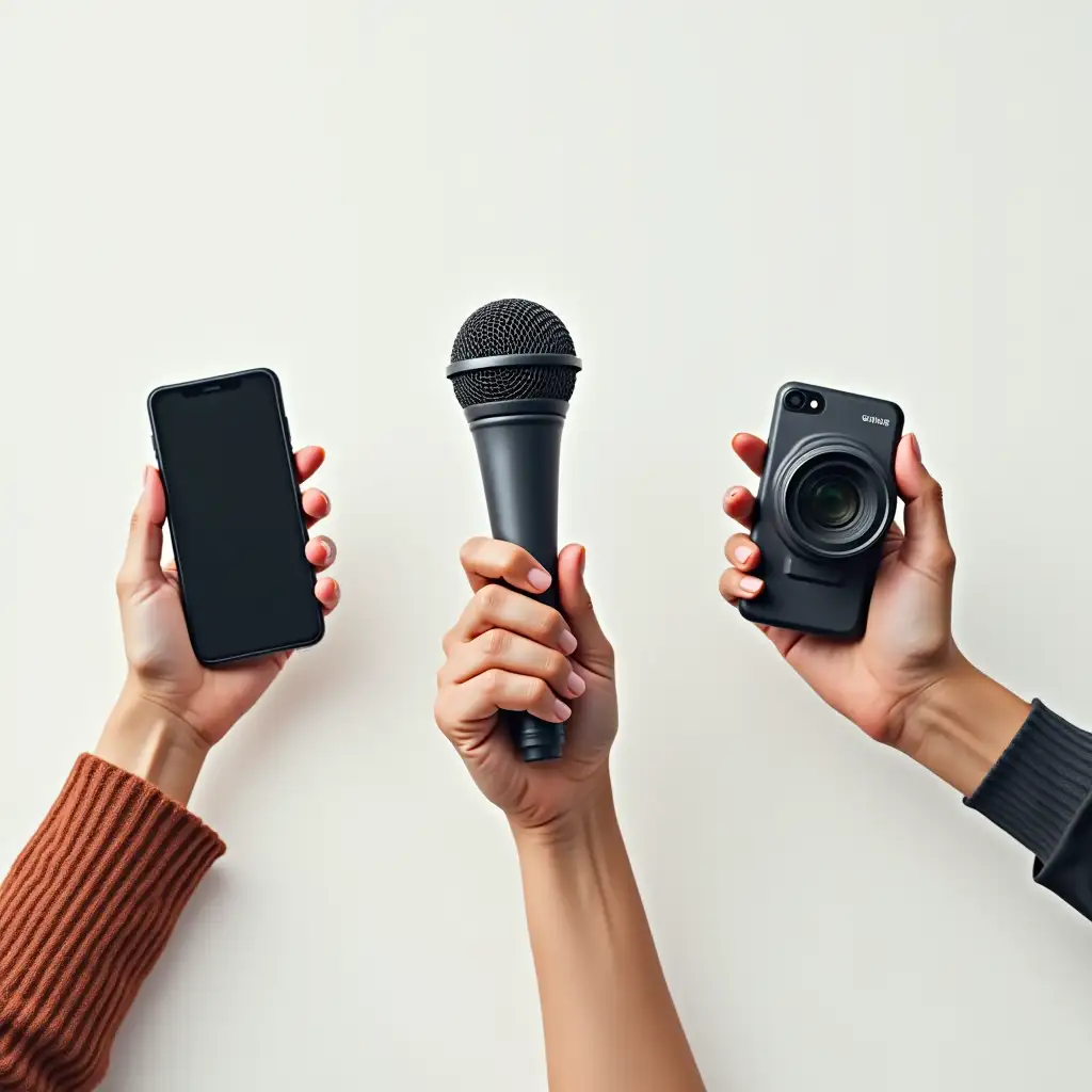 Three hands, One holding a smartphone, one holding microphone and one Holding a camera, suggesting the use of various media devices for content creation or social media. Image should be realistic and natural.