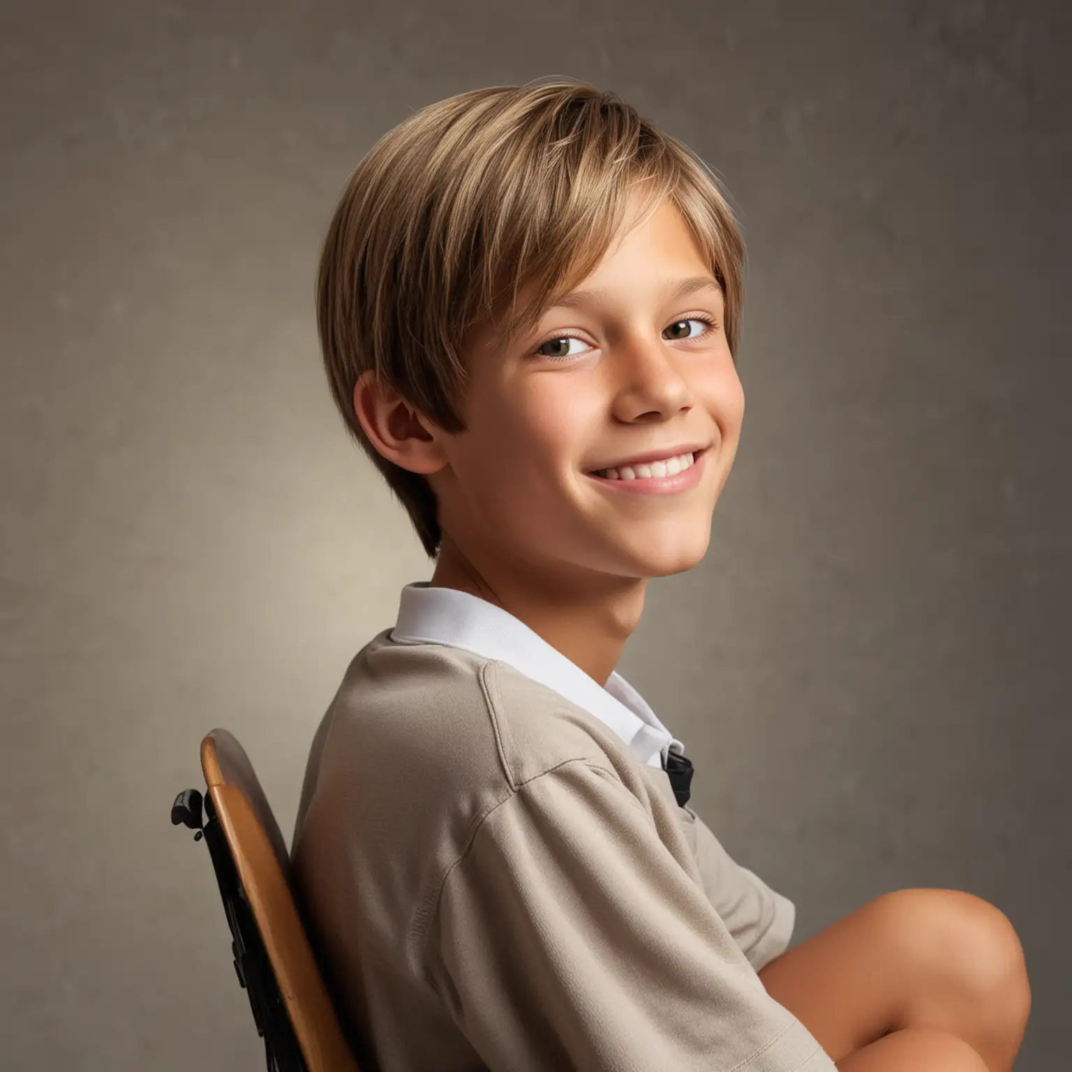 Hyper Realistic School Portrait of a ThirteenYearOld Boy with ShoulderLength Dark Blond Hair