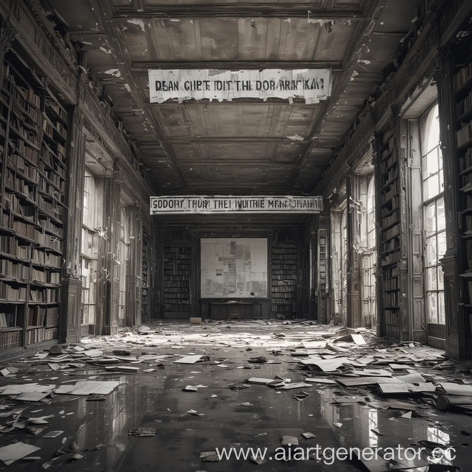 Gloomy-Abandoned-Library-with-Scratched-Promotional-Banner