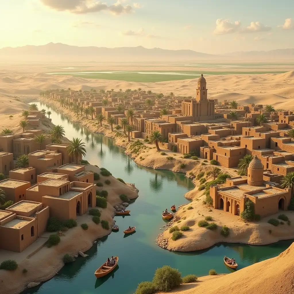 ancient Mesopotamian town, mud brick houses in town, next to a river, medium modest Mesopotamian temple in centre of town, small boats on river, some date palms, canals and irrigated fields with crops surrounding town, hinterland of marshes near the coast