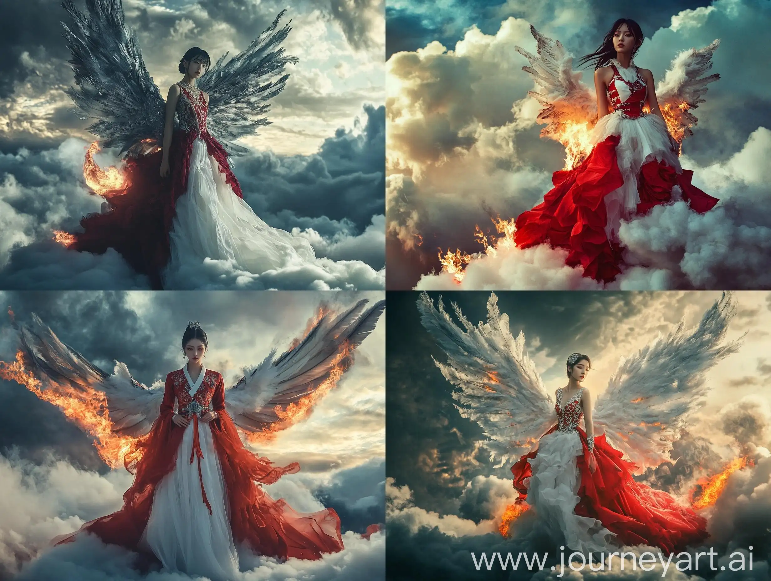 Cinematic-Portrait-of-a-Korean-Woman-with-Burning-Wing-on-Cloud-Platform