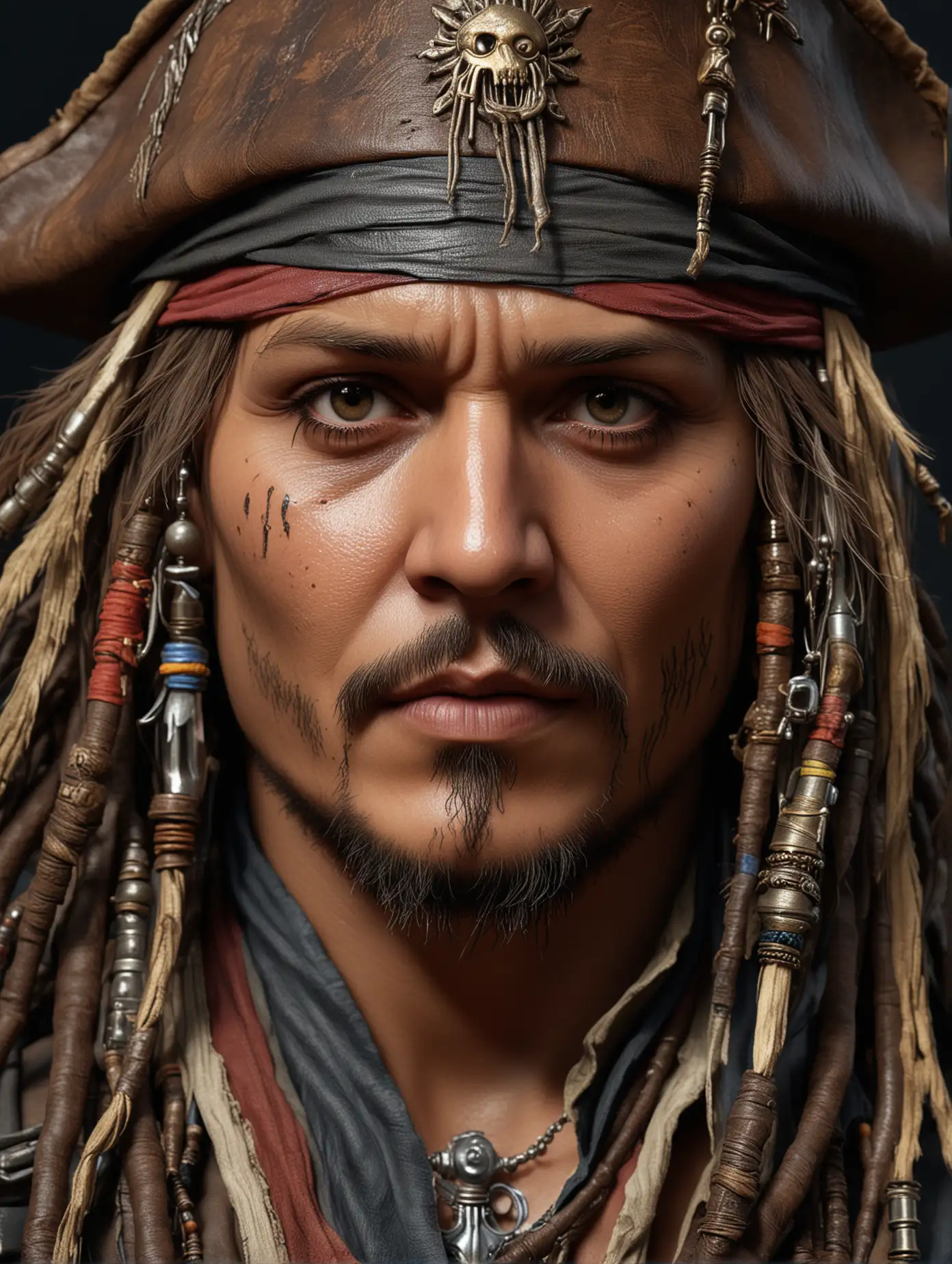 Johnny Depp as captain Jack sparrow, head and shoulders portrait, hyperdetailed, 8k resolution concept art, cinematic, volumetric lighting, photorealistic, maximalist"

"head and shoulders portrait, 8k resolution concept art portrait by Greg Rutkowski, Artgerm, WLOP, Alphonse Mucha dynamic lighting hyperdetailed intricately detailed Splash art trending on Artstation triadic colors Unreal Engine 5 volumetric lighting"