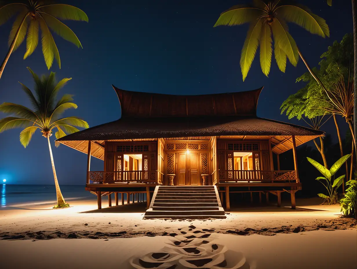 Traditional-Javanese-Wooden-House-on-Sandy-Beach-at-Night