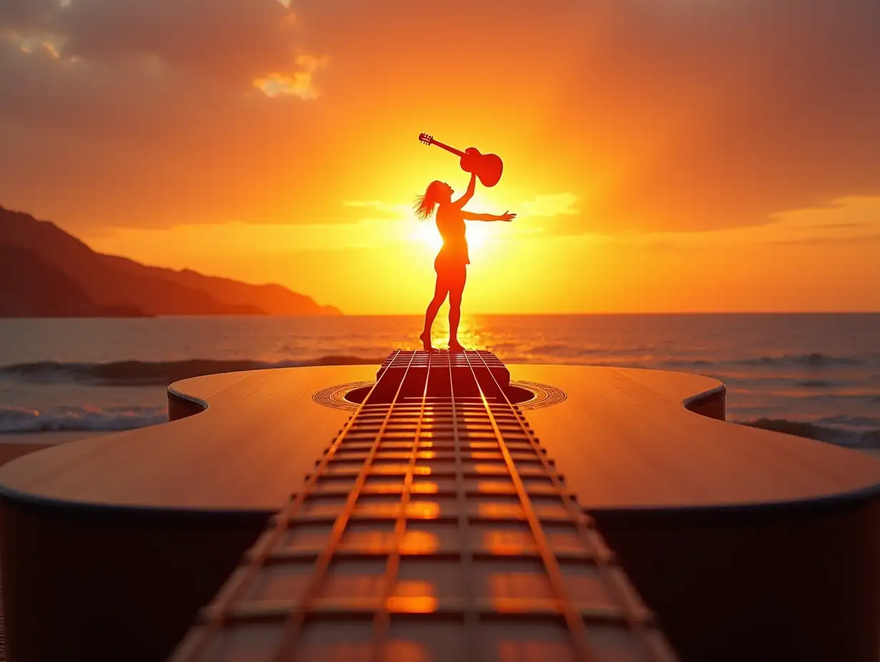 Surreal-Sunset-Beach-Scene-with-Guitar-Strings-and-Silhouette