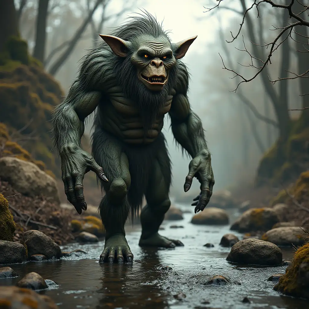 Ultradetailed hyperrealistic troll 20 meters high in a riverbed with rocks and dry branches with flawless attention to texture, surface and lighting, to give depth, dimension and a photorealistic appearance.