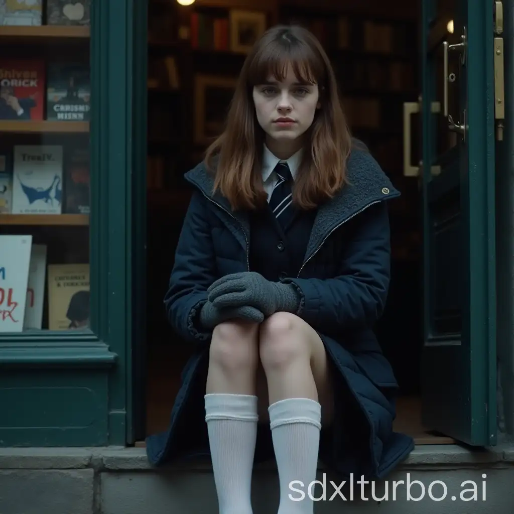 Emma-Watson-Sitting-in-Doorway-of-Frosty-Bookshop-with-Emotional-Expression