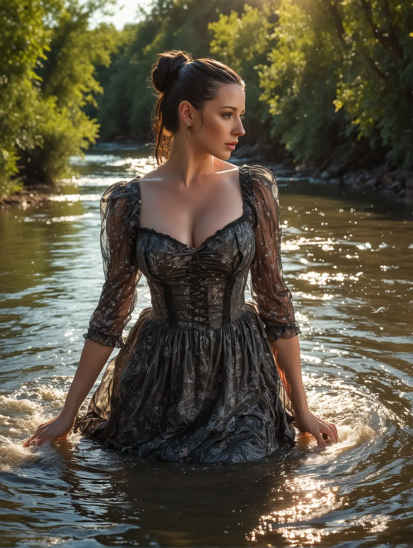 A stunningly beautiful Angela White with ponytail hair style, she was bathing in river, surrounded by a captivating river water. She wears Victorian mini dress, accentuating her elegance. her hair and dress was wet look. The scene takes place under a bright raytracing of sunshine, with a fantasy background that showcases a blend of neon ambiance and abstract black oil. The composition is high contrasting, with a touch of grunge and intricate complexity.