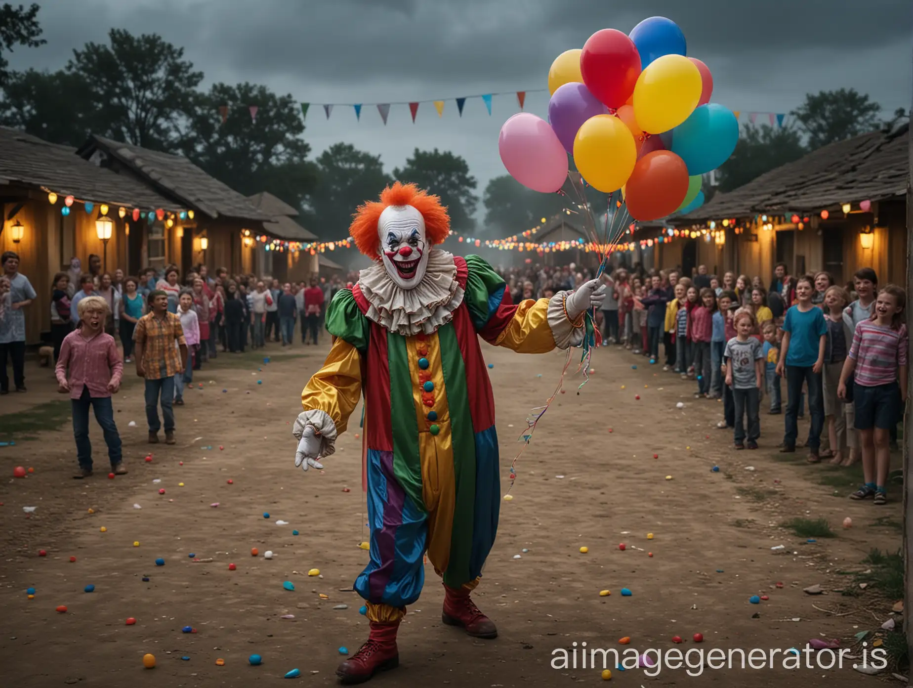 Clown-Confronting-Children-in-a-Dark-Village-Square-with-Balloons-and-Comedic-Lights