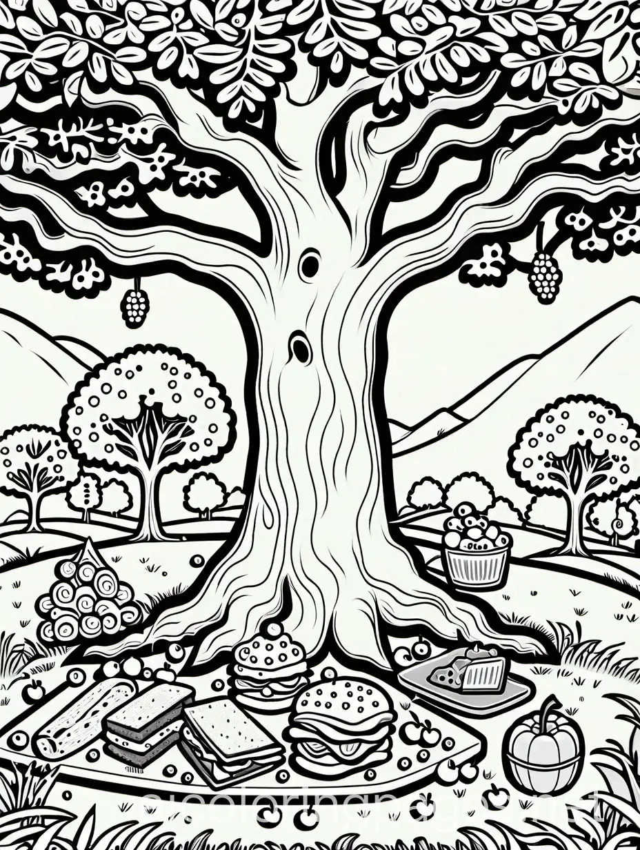 A cozy picnic scene with animals enjoying fruits, sandwiches, and treats under a big oak tree. Coloring Page, black and white, line art, white background, Simplicity, Ample White Space. The background of the coloring page is plain white to make it easy for young children to color within the lines. The outlines of all the subjects are easy to distinguish, making it simple for kids to color without too much difficulty