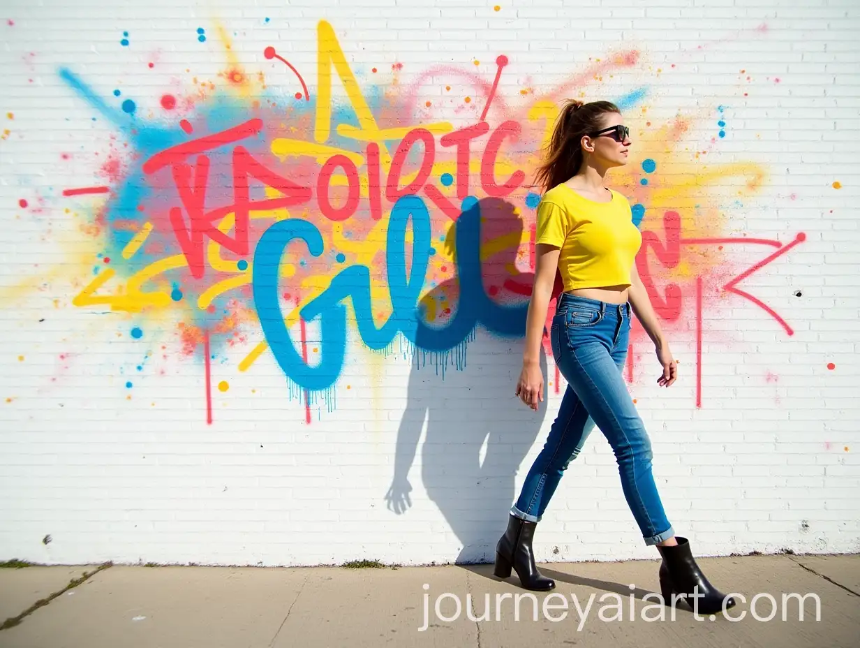 Modern-Woman-Walking-in-Front-of-Colorful-Graffiti-on-White-Brick-Wall