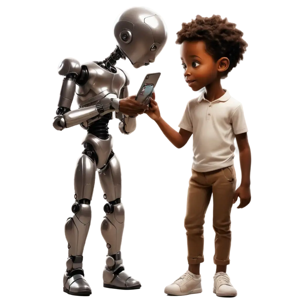 Cartoon-Brown-African-Boy-and-AI-Robot-PNG-Image-Little-Boy-with-Pad-Next-to-Metallic-Robot