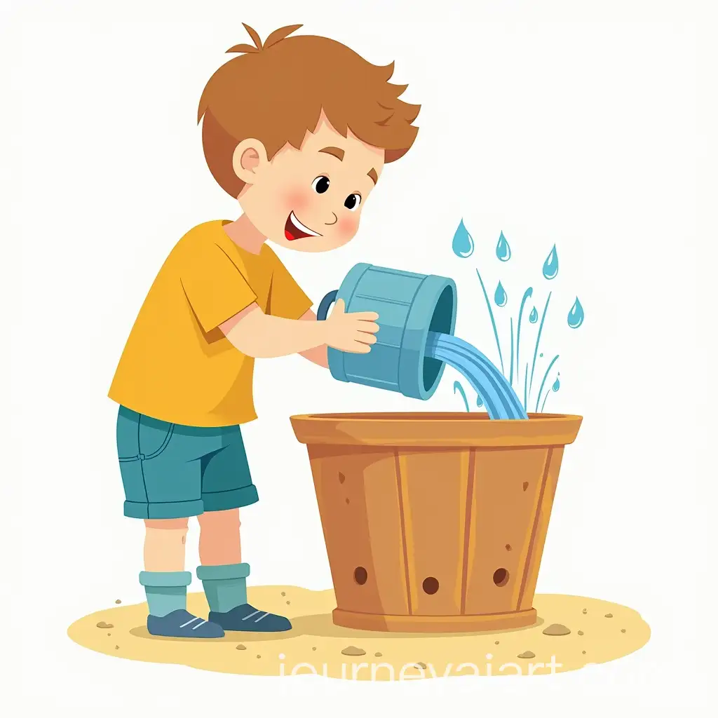 Child-Pouring-Water-into-Wooden-Bucket-with-Holes-Spraying-Water