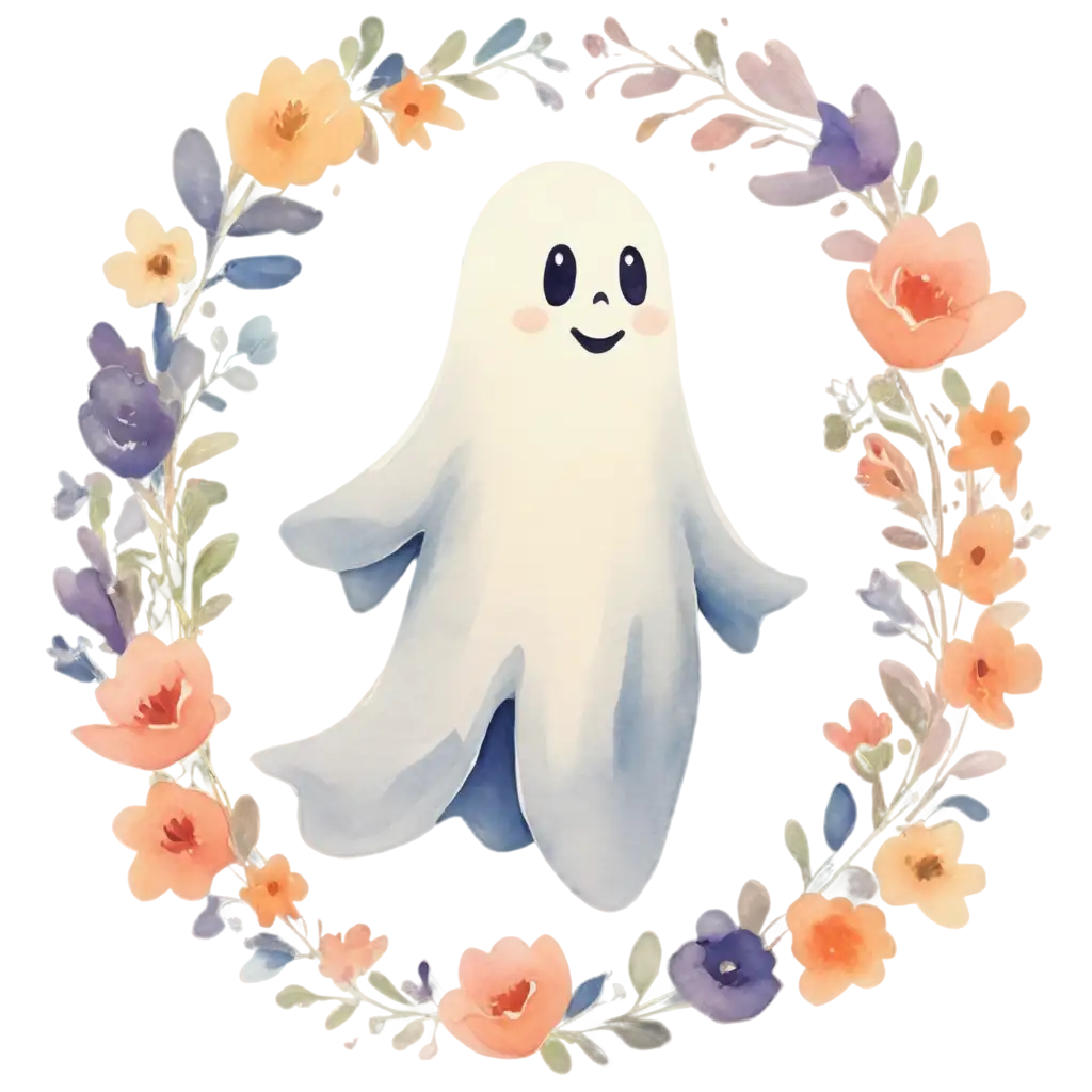 Whimsical-WatercolorStyle-Ghost-PNG-Image-with-PastelColored-Flowers