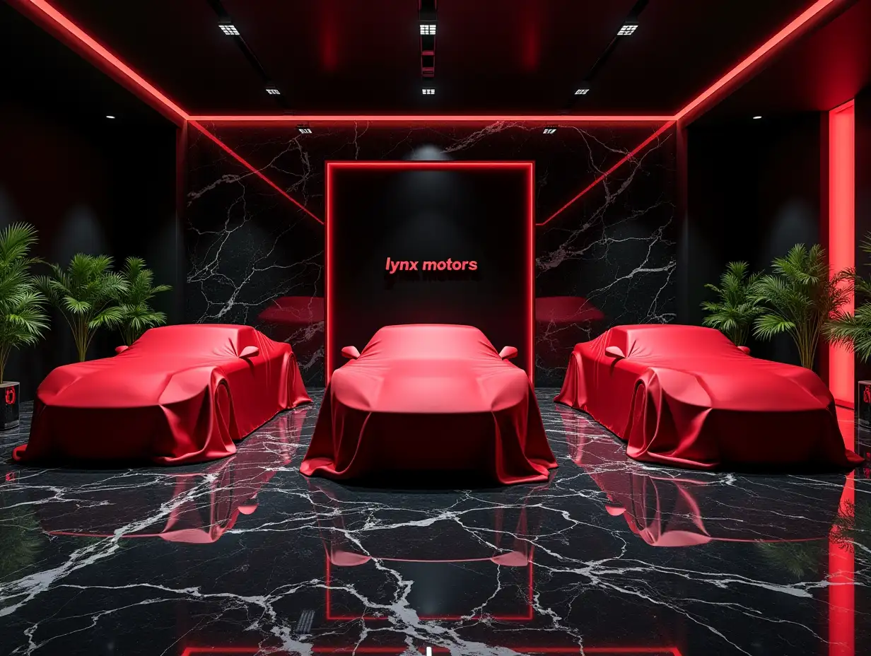 a luxury black marble garage with marble on the floor with 6 cars parked diagonally covered with a red silk cover, trimetric visualization and some greenery to make the place look more alive, some perimeter LEDs around the cars and on the walls, and on the back wall it says lynx motors led lighting in the back