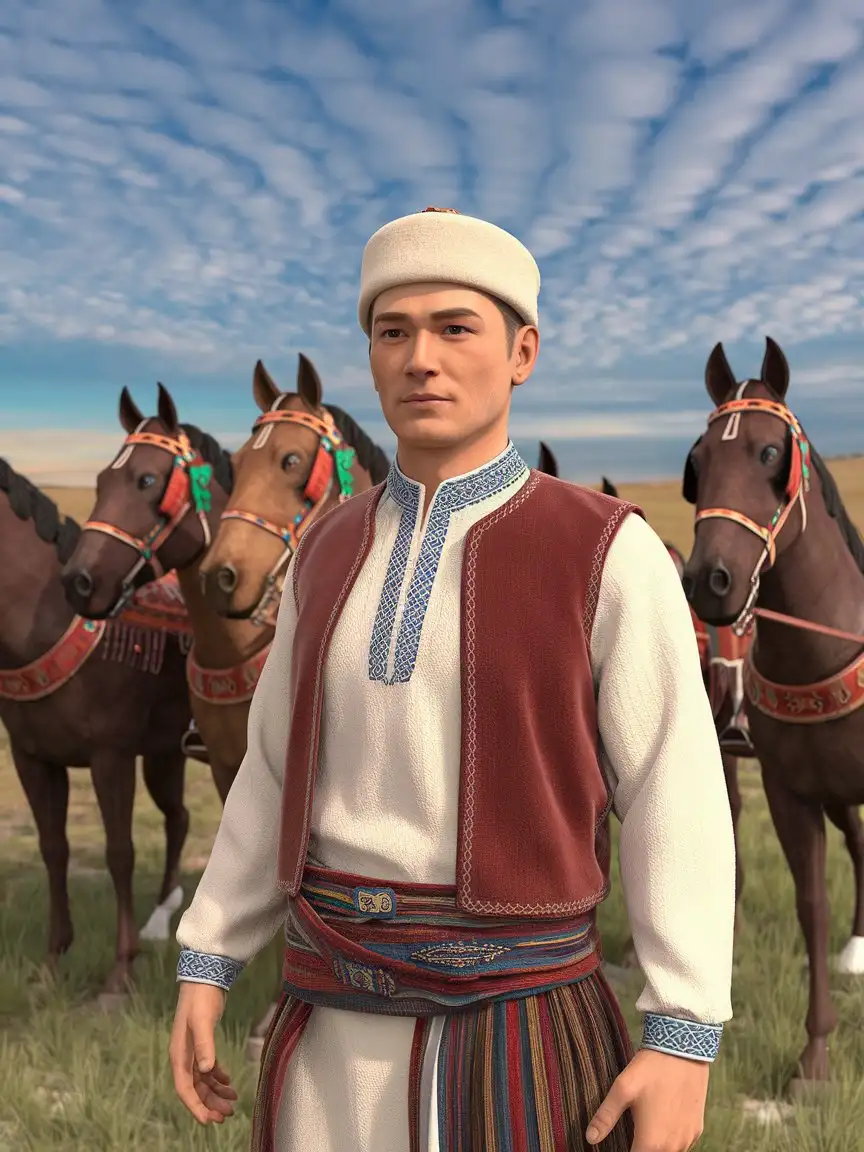 Kazakh-Man-in-Traditional-Clothing-with-Horses-in-a-3D-Landscape