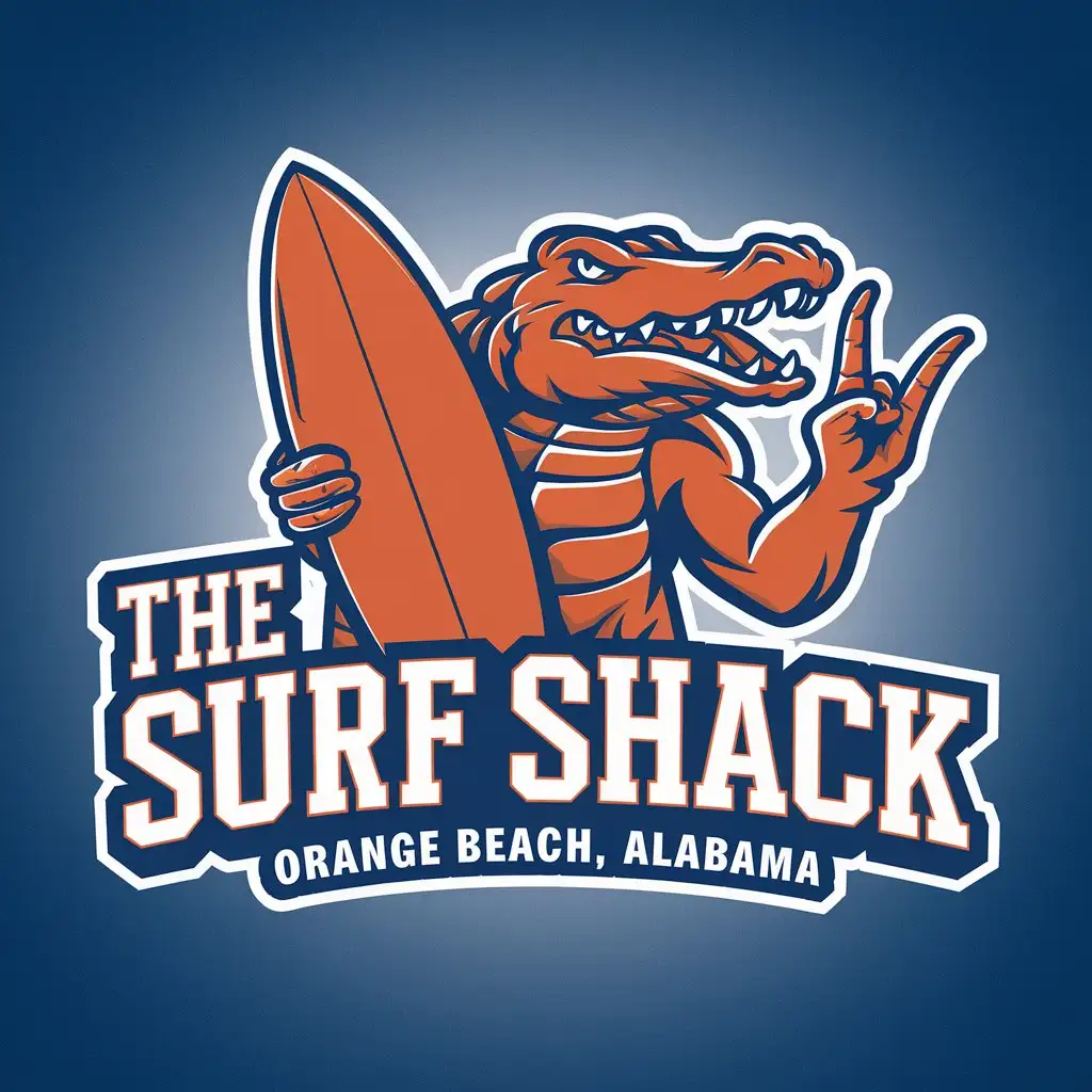 LOGO Design for The Surf Shack Gator Mascot with Surfboard Hang Loose Hand Gesture in Orange Beach Alabama