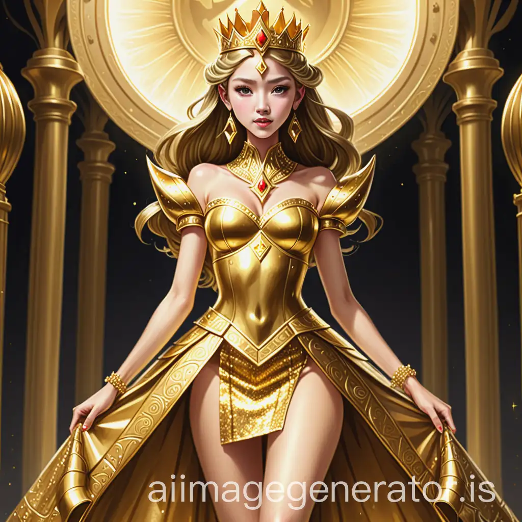 Earth-Princess-in-Golden-Attire-with-Crown-and-HighHeeled-Shoes