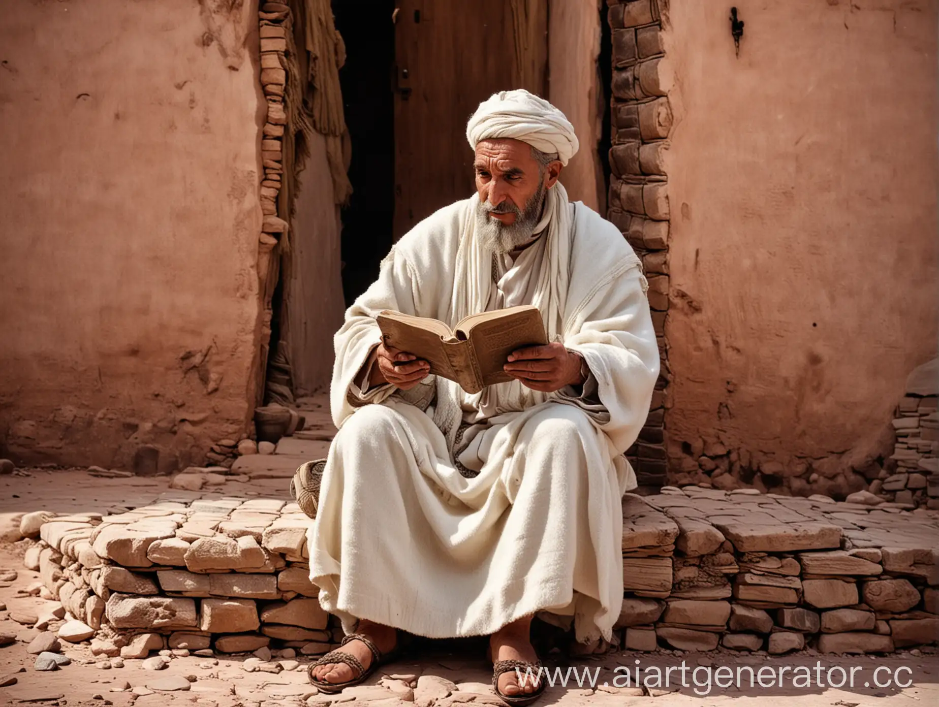 Cinematic, extreme wide shot, Berber wise man reading a book , wearing Berber white wool clothes in a village in Algeria Ghardaia in ancient time in 1200 AD.