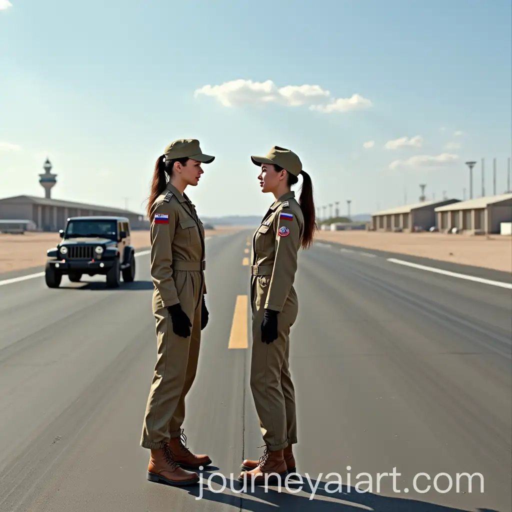 Russian-Military-PilotsAI-Image-Prompt-Expansion-and-Jeep-on-Desert-Runway-with-Aircraft-Hangars-in-the-Distance