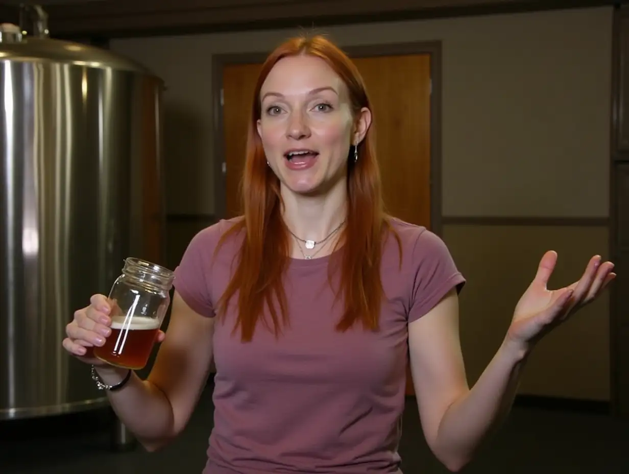 A woman with red hair, speaking about how beer is made, she holds a jar full in her hand