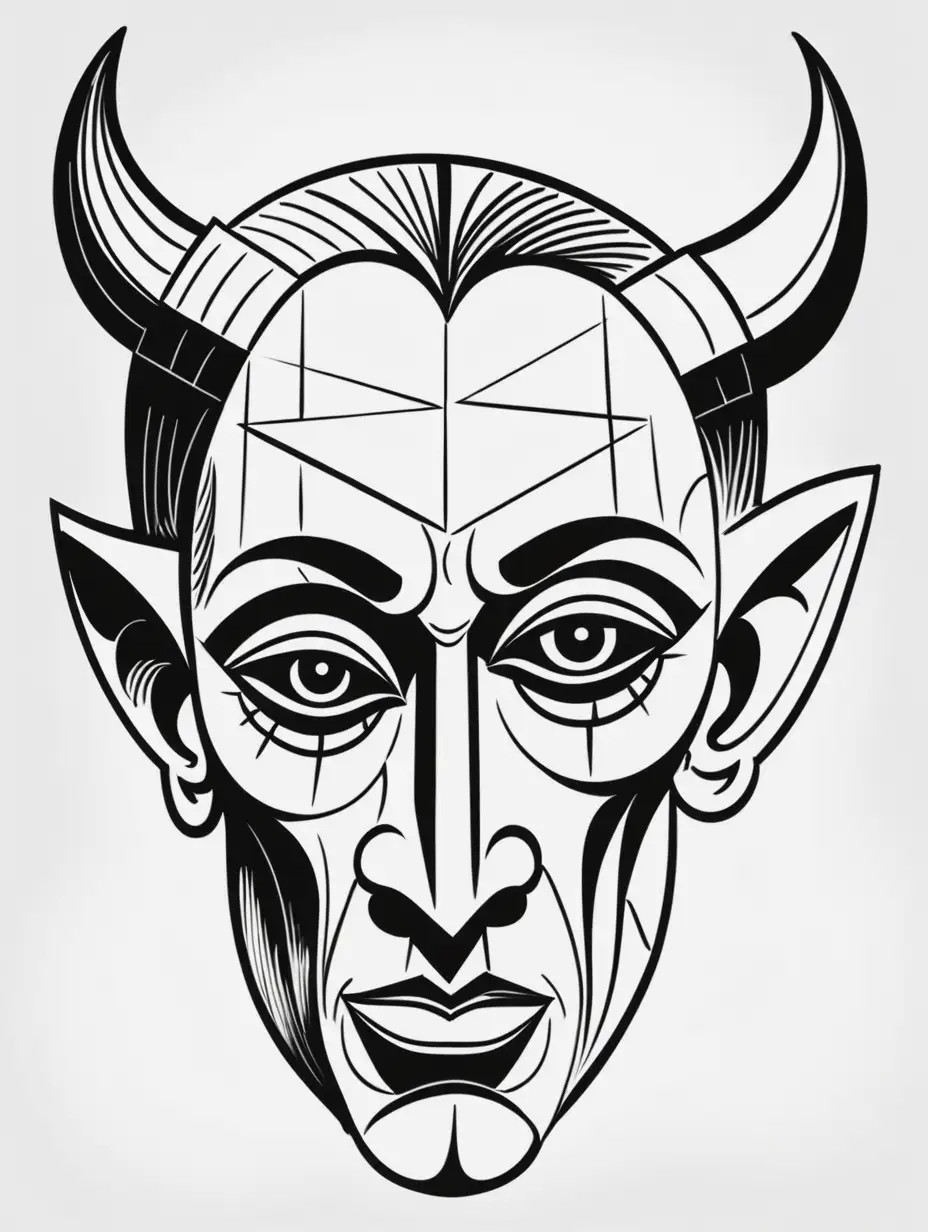 Mysterious Devil Figure in Black and White PicassoStyle Line Art