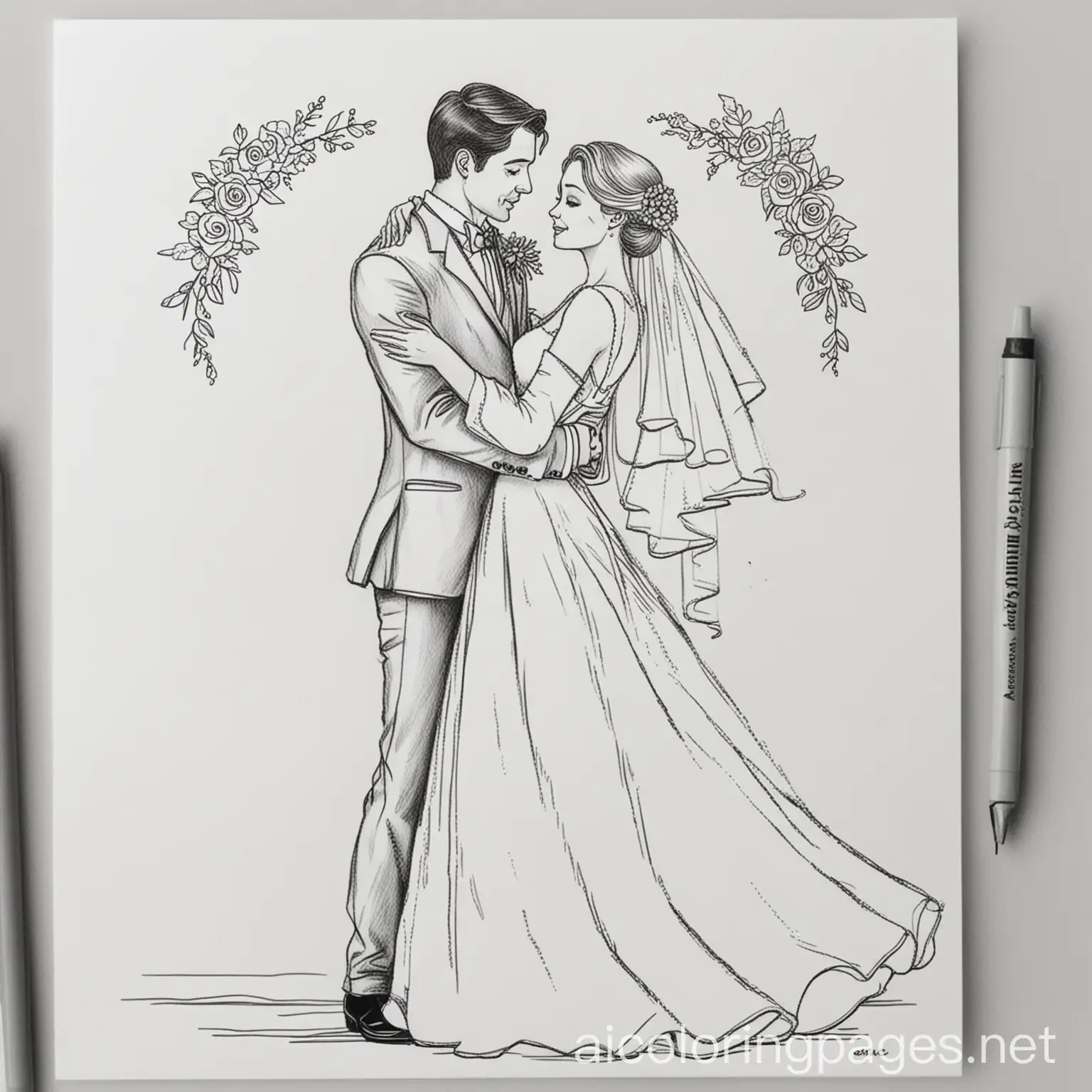 Bride and groom first dance, Coloring Page, black and white, line art, white background, Simplicity, Ample White Space. The background of the coloring page is plain white to make it easy for young children to color within the lines. The outlines of all the subjects are easy to distinguish, making it simple for kids to color without too much difficulty