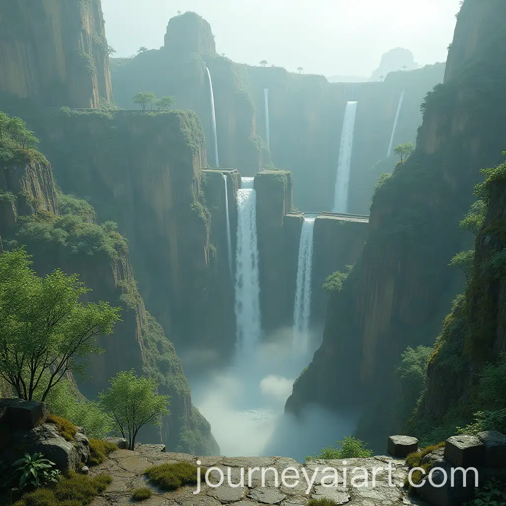 Surreal-Concrete-Megastructure-with-Cascading-Waterfalls-and-Overgrown-Nature