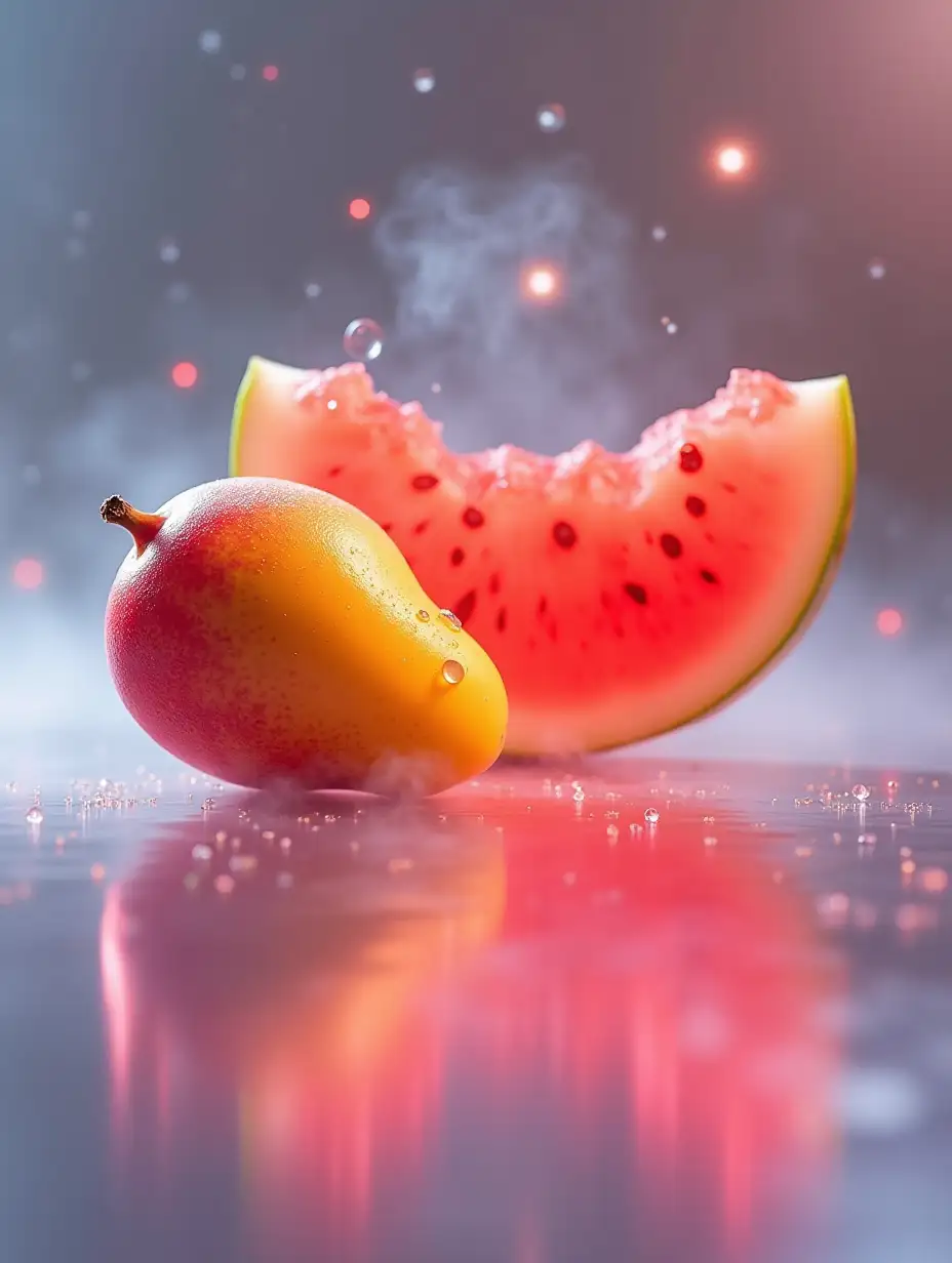 Imagine a set of fruits placed on a glossy, transparent surface, their reflections barely visible, as if they're floating in mid-air. A single, dewy mango rests beside an intricately cut watermelon, each slice revealing its vibrant, translucent interior. Around them, delicate mist swirls and soft neon lights pulse, casting subtle glows onto the surfaces, creating a soft, surreal atmosphere. The fruits appear almost suspended in time, with an ethereal, futuristic quality. The entire image is sleek and crisp, but the lighting and angles are unexpected—giving it a fresh, modern vibe that blurs the line between reality and digital art.