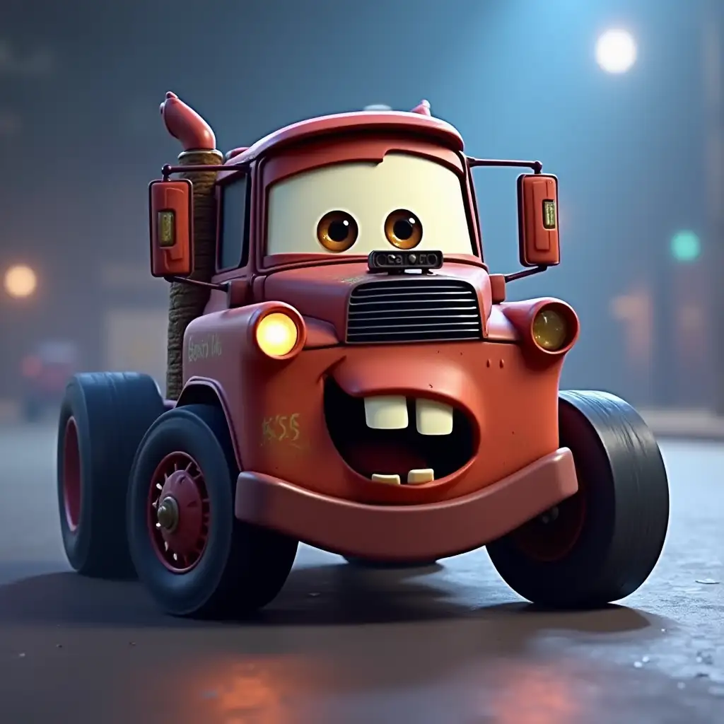 Mack Pixar animated racing car with big expressive eyes and an open shocked mouth. The car has a sleek design, with large front wheels, glowing headlights, and a shiny body