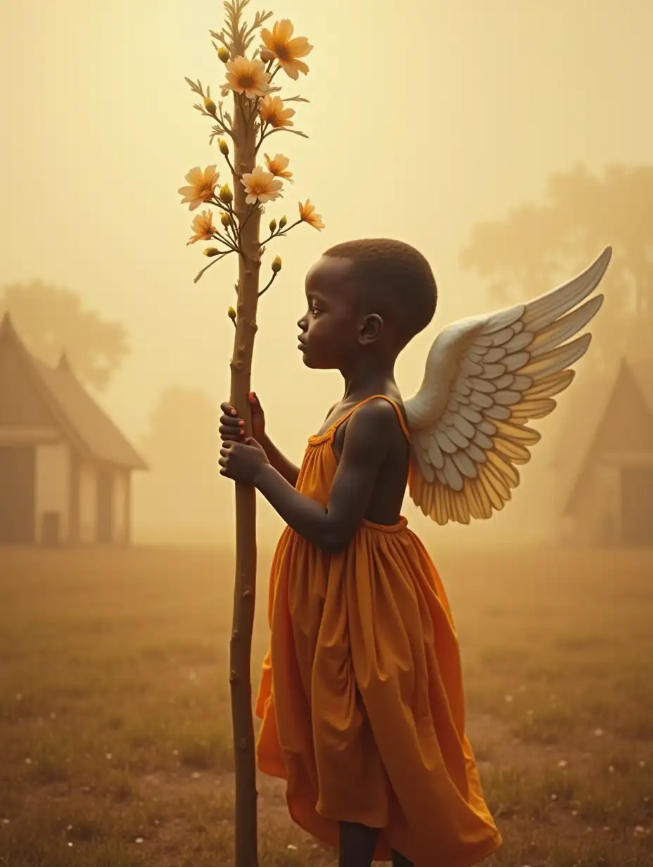 HYPERREALISTIC PAINTING OF AN ANGEL-LOOKING AFRICAN CHILD LIFTING A BEAUTIFULLY CARVED AND POLYCHROMED WOODEN STICK DECORATED WITH SMALL FLOWERS, in the distance a small, picturesque AFRICAN village bathed in soft golden tones that create a feeling of serenity and wonder, transporting the viewer to the heart of this moment of peace. THE IMAGE IS COVERED IN FOG