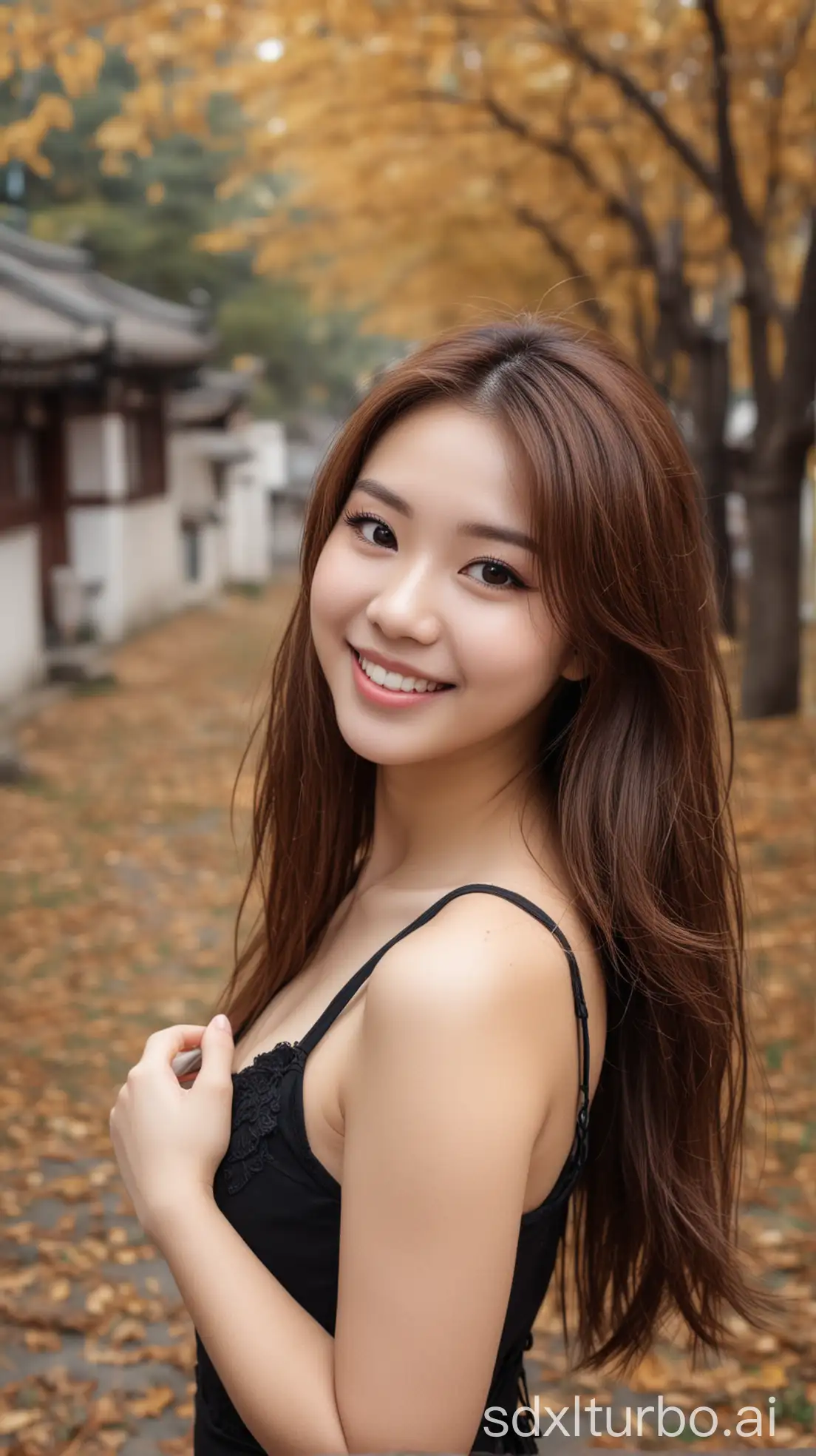 Chinese-Beauty-with-Sweet-Smile-in-Autumn-Tight-Dress-at-Tourist-Area