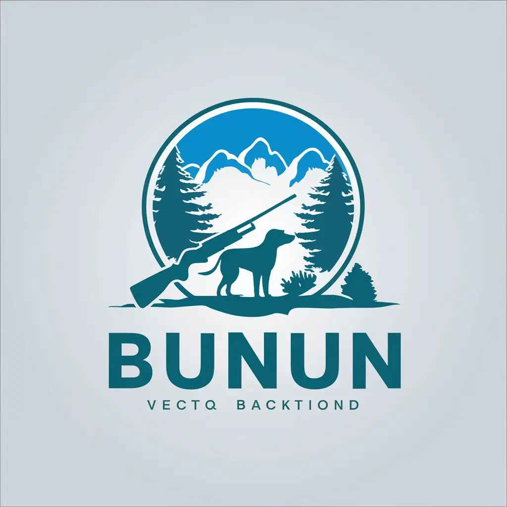 LOGO-Design-For-Bunun-Blue-Background-with-Mountains-Forests-Hunting-Rifle-and-Dog-Theme