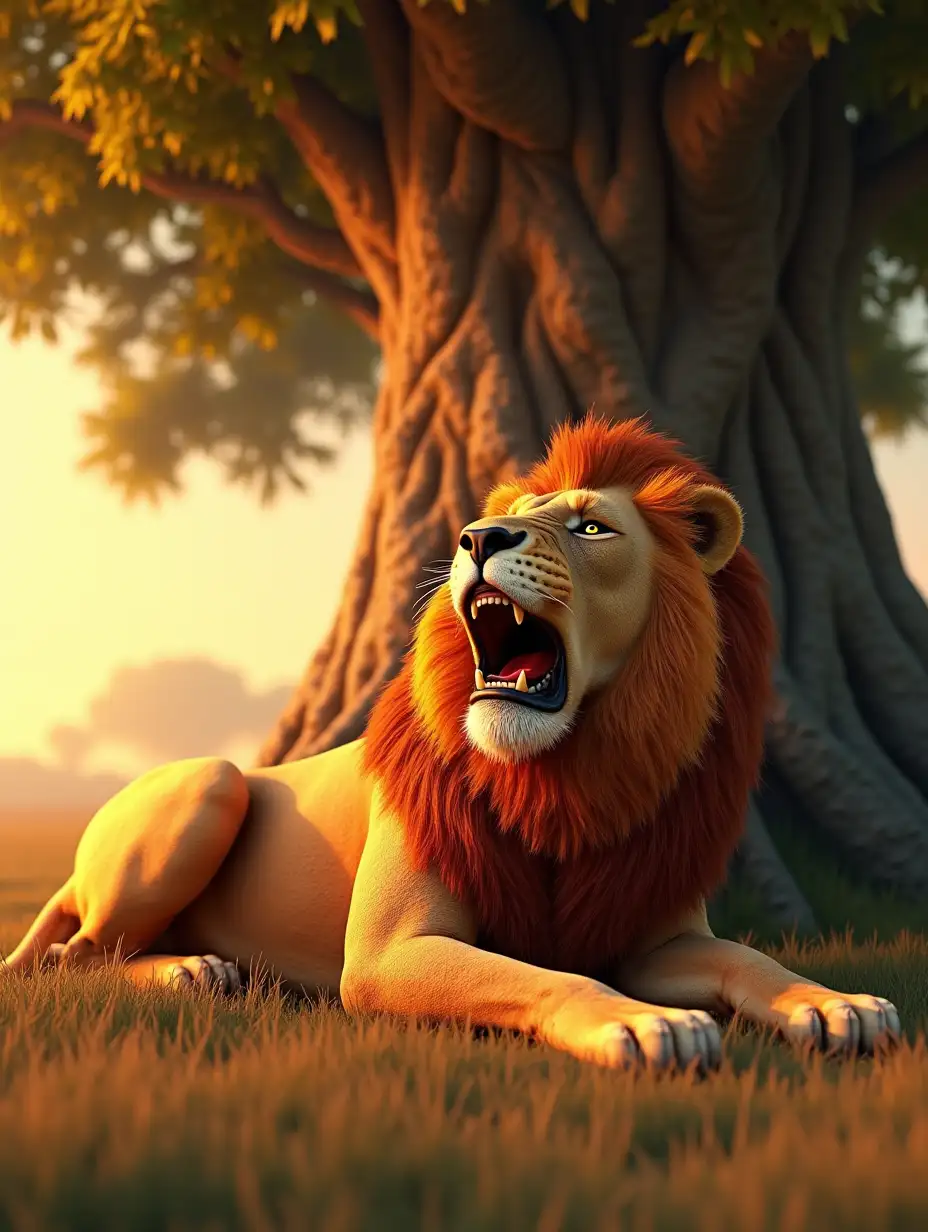 3d scene : lion in Pain (large bloody on body wounds) A majestic lion lying under a large tree, wounded but small bloody wounds. The lion's size and shape are consistent, with golden fur glowing under the warm sunlight. The background remains vibrant and bright, lion is crying by opening his mouth